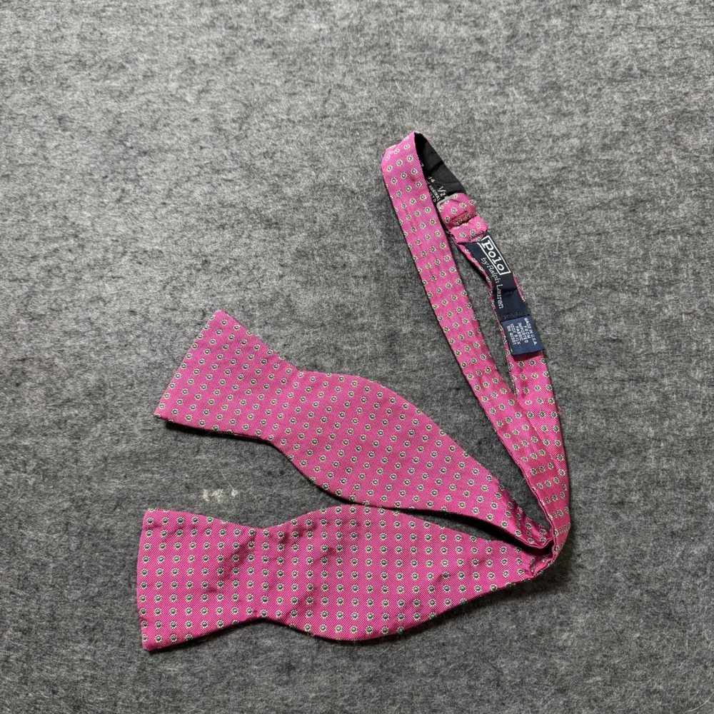 Vintage Polo Ralph Lauren 100% Silk Bow Tie Pink Green Medallion Made in USA